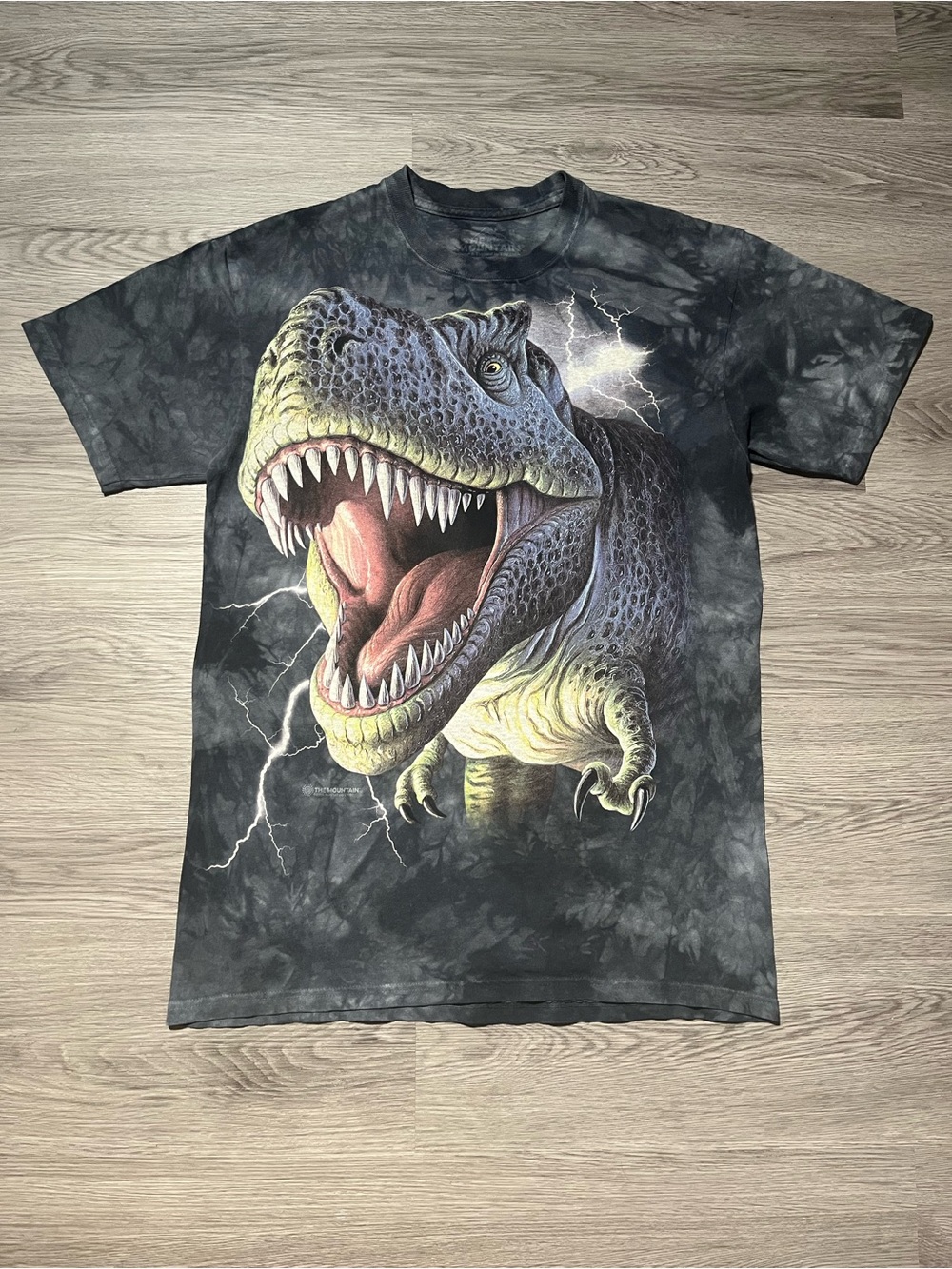 Vintage The Mountain 2009 T-Rex lightning dinosaur tie dye graphic AOP T-shirt M